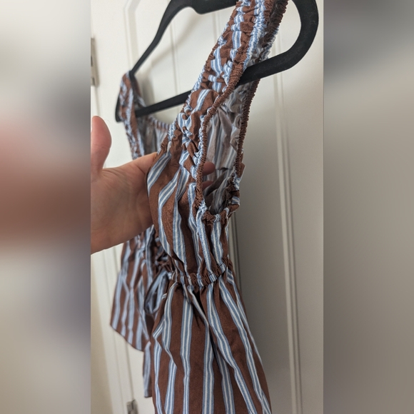 NWOT Brown & Blue Striped Tie Front Babydoll Blouse S - Picture 7 of 8